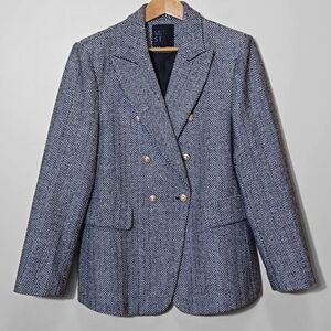 Mina Self Herringbone Woven Tweed Blazer Jacket Sz L Black White Crest Old Money